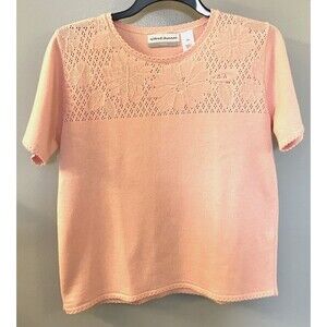 Vintage Alfred Dunner Floral Embroidered Knit Short Sleeve Pink Sweater Size PM